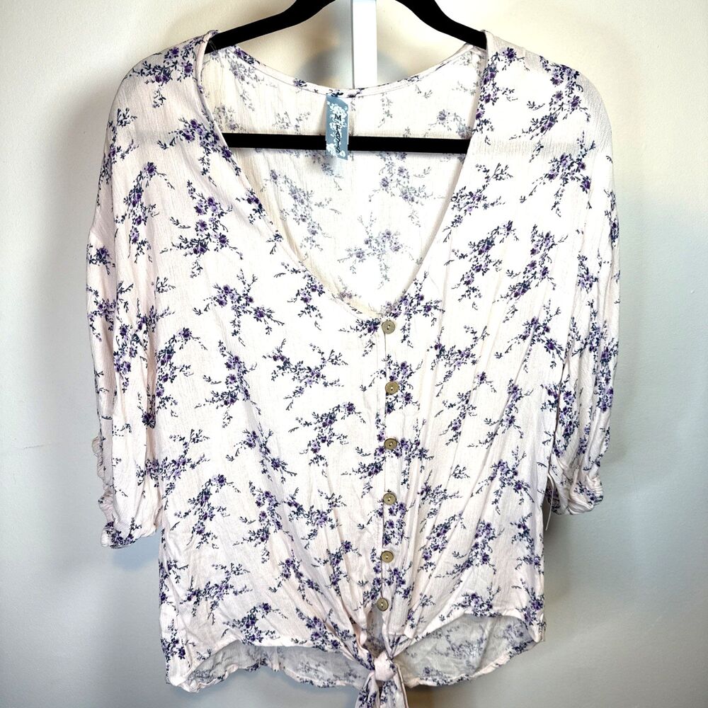 NEW Women’s Purple Pink Floral Tie Front Top Size XL Button Puff Spring Cottage